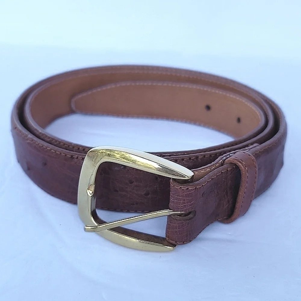 Full Quill Men's Ostrich Cognac Leather Brass Hardware Belt